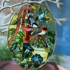 Vintage 10  Oval Stained Glass Sun Catcher Birds Flower Water Pump Multicolor