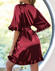 Womens Silk Ruffle Robe Short Satin Kimono Robe Half Sleeve Bathrobe Bridesmaid 