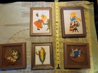 Vintage Crewel Embroidery Art 1970s Framed Burlap Girls Lot Of 5 - Framed - Cool