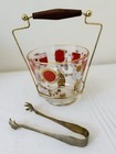 Vintage 1950s Jennette Glass Ice Bucket W caddy   Brass Tongs  Mcm Red Gold 9 5   