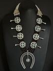 Navajo Sterling Silver Garnet Turquoise Naja Squash Blossom Necklace  Signed 