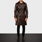 Mens Brown Leather Trench Coat - Long Jacket Double Breasted Winter Classic Coat