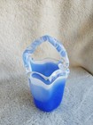 Vintage Hand Blown Glass White Blue And Clear Swirl Thick Base Handle Vase Art