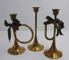 Vintage Silvestri Solid Brass Trumpet Candlestick Holder Horn Christmas Set Of 3
