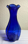 Vintage Colbalt Blue Glass Vase - Ruffled Rim - Beaded Design - Marked U s a   4