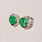 Vintage Taxco Sterling Silver Malachite Heart Earrings Signed Ts-127 Mexico