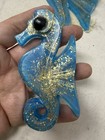Vintage 1960s Lucite Seahorse Wall Plaques Set 3 Blue Aqua Gold Confetti Mcm