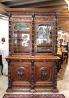 French Hunt Scene Oak Renaissance Large Display Cabinet   Bookcase   Hutch