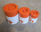 Vintage Set Of 3 Orange Flowers Retro Kitchen Metal Canisters W handle Lids     