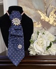 Polka Dot Neck Tie With Rhinestone Flower Brooch Navy Pink Women s One Size