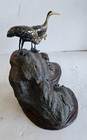Antique Okimono Bronze   Brass Crane   Turtle Figurine Japanese Meiji Period