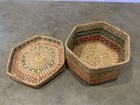 Vintage Wicker Rattan Small Hexagon Lidded Basket Orange Accents