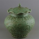 Chinese Song Longquan Celadon Porcelain Carved Dragon Lotus Shape Pot Tea Caddy