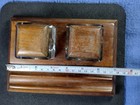 Antique Wood   Glass Ink Well And Pen Holder Tray