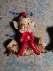 2 Vintage 1950 s Pixie Figurine On Tree Stump Japan Porcelain Red Elf Christmas