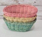 3 Vintage Woven Wicker Craft Trinket Baskets Pastel Made In Hong Kong Pink Teal 