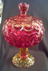 L  E  Smith Moon   Stars Amberina 10  Covered Candy Dish   Vintage Excellent 