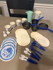 Misc Lots Of 2 Vtg Juguemex Child Play Dishes Mcm Cookware Set Blue Willow Toy