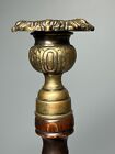 Antique Open Barley Twist Oak Candlestick Pair With Brass Thistle Tops 14    Tall