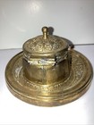 Antique Cast Brass Inkwell Cobalt Blue Glass Ink Dish Round Weighted