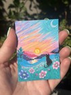 Aceo Print Limited Edition Painting Cat Whimsical Landscape Art Shaped by sykes