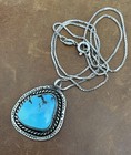 Old Native American Navajo Natural Turquoise Sterling Pendant Necklace 19 5    In