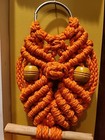 Vintage Macrame Owl Handmade Hanger Small Orange Yellow Fall Color Fuzzy Tail 12