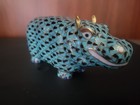Vintage Herend-like Cloisonne Hippo Figurine Fishnet W Gold Trim Hippopotamus