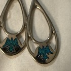 925 Sterling Silver Turquoise Inlay Teardrop Bird Dangle Earrings Hook Signed