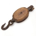 Antique Boston   Lockport Wood Pulley Block Iron Hook Harvard Illinois Farm Tool