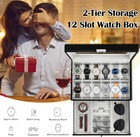Watch Storage Box Leather 12 Slot Lockable Organizer With Glass Lid Jewelry