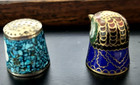 2 Vintage Cloisonne Figural Bird Head   Floral Turquoise Thimbles