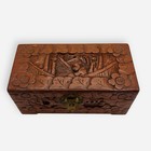 Vintage Asian Carved Camphor Wood Jewelry Box Brass Red Silk Lined
