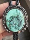 Vintage Native Sterling Silver Green Turquoise Bolo Tie - Artist Signed