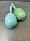 2 Vintage Darning Eggs - Blue Green Painted Wood Sock Mending Tools With Handles