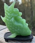 Handcrafted Green Jade Stone Art Sculpture Koi Fish And Baby Buddha Statue