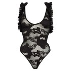 Suzy Black Women Floral Lace Bodysuit Medium Black Ruffle Trim Sheer Nwot