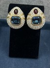 Vintage Signed Ciner Clip On Earrings Blue Red Pave Gold Tone Statement