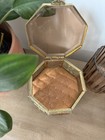 Vintage Ormolu 8 Sided Octagon Casket Tufted Jewelry Box Amber Beveled Glass