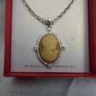 Cameo Pendant Necklace Earring Set 18  Chain Silver Tone Rhinestone Gift Box