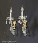 Vintage Antique Pair Of French  Brass Crystal 1 Light Sconces Wall Lights