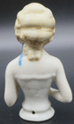 Antique German Porcelain Bisque 3  Pincushion Half Doll Blonde Hair Blue Bow Sf2