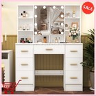 Vanity Makeup Dressing Table Set With 7 Drawers   10 Led Mirror Wood Desk White