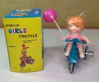 Antique Tin Litho Wind Up Toy Girl On Tricycle Balloon Happy Days Vintage W  Box