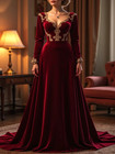 Burgundy Velvet Evening Dress Long Sleeve Gold Lace Applique Formal Prom Gown