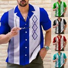 Mens Casual Vintage Bowling Shirt Retro Striped Short Sleeve Button Down Shirts