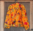 Vtg Velvet Floral Bird Print Jacket Mustard Yellow Pink Botanical Boho Coat