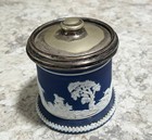 Antique Adams Tunstall England Jasperware Biscuit Jar Blue White Dip Horses Dogs