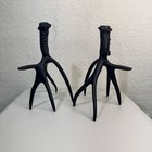 Black Enamel Heavy Metal Antler Horn Candle Stick Holder Rustic Country Cabin