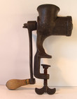 Antique   Very Early Screw On Table Meat Grinder With Wooden Knob For Decor Only